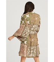 Talisman Annabelle Paisley Gardens Patchwork Border Print Button Front Tie Waist 3/4#double; Lantern Sleeve Above the Knee Dress