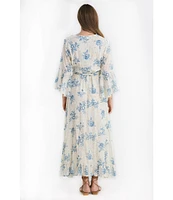 Talisman Carly Bluebell Woven Floral Print V-Neck 3/4 Bell Sleeve Wrap Dress