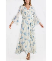 Talisman Carly Bluebell Woven Floral Print V-Neck 3/4 Bell Sleeve Wrap Dress