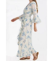 Talisman Carly Bluebell Woven Floral Print V-Neck 3/4 Bell Sleeve Wrap Dress