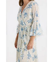 Talisman Carly Bluebell Woven Floral Print V-Neck 3/4 Bell Sleeve Wrap Dress