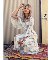 Talisman Carly Bluebell Woven Floral Print V-Neck 3/4 Bell Sleeve Wrap Dress