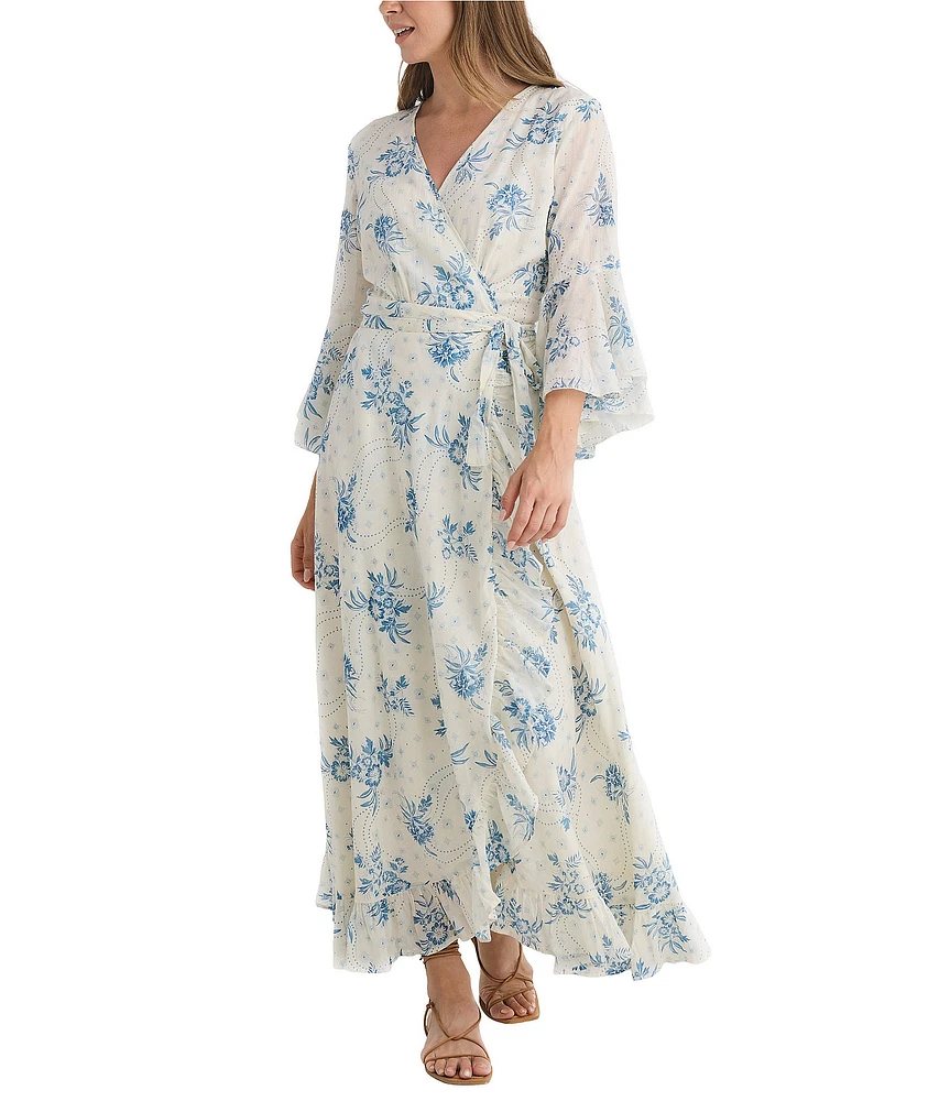 Talisman Carly Bluebell Woven Floral Print V-Neck 3/4 Bell Sleeve Wrap Dress