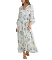 Talisman Carly Bluebell Woven Floral Print V-Neck 3/4 Bell Sleeve Wrap Dress