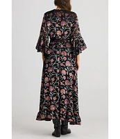 Talisman Carly Floral Velvet V-Neck 3/4 Fluted Sleeve Wrap Midi Dress