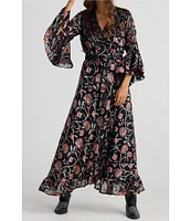 Talisman Carly Floral Velvet V-Neck 3/4 Fluted Sleeve Wrap Midi Dress