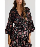 Talisman Carly Floral Velvet V-Neck 3/4 Fluted Sleeve Wrap Midi Dress