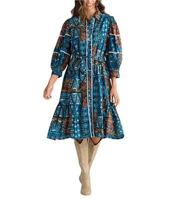 Talisman Castella Patchwork Button Down Collar Long Sleeve Belted Blouson Dress