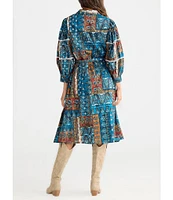 Talisman Castella Patchwork Button Down Collar Long Sleeve Belted Blouson Dress