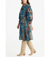 Talisman Castella Patchwork Button Down Collar Long Sleeve Belted Blouson Dress