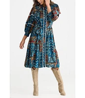 Talisman Castella Patchwork Button Down Collar Long Sleeve Belted Blouson Dress