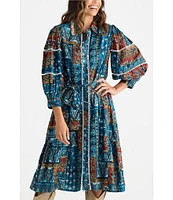 Talisman Castella Patchwork Button Down Collar Long Sleeve Belted Blouson Dress