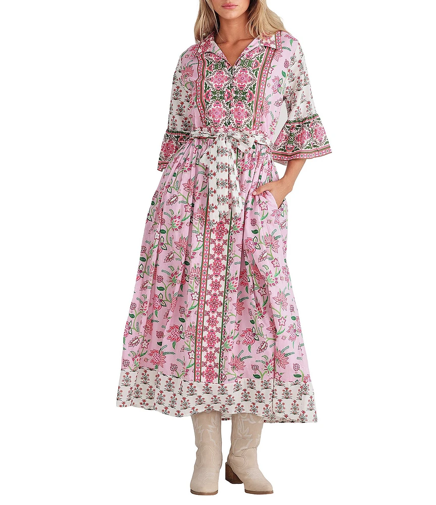 Talisman Jardin Strawberry Print Collared 3/4 Bell Sleeve Belted A-Line Midi Dress