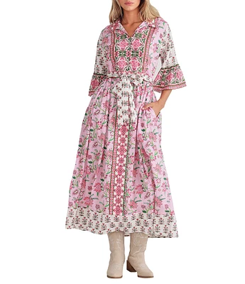 Talisman Jardin Strawberry Print Collared 3/4 Bell Sleeve Belted A-Line Midi Dress