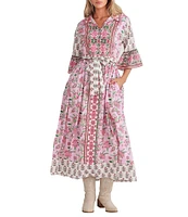 Talisman Jardin Strawberry Print Collared 3/4 Bell Sleeve Belted A-Line Midi Dress