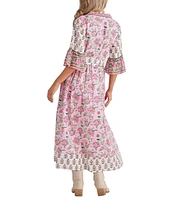 Talisman Jardin Strawberry Print Collared 3/4 Bell Sleeve Belted A-Line Midi Dress