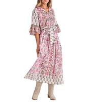 Talisman Jardin Strawberry Print Collared 3/4 Bell Sleeve Belted A-Line Midi Dress