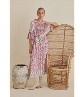 Talisman Jardin Strawberry Print Collared 3/4 Bell Sleeve Belted A-Line Midi Dress
