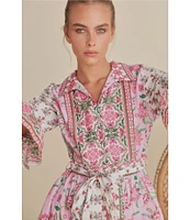 Talisman Jardin Strawberry Print Collared 3/4 Bell Sleeve Belted A-Line Midi Dress
