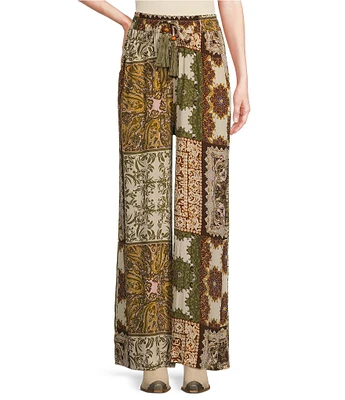 Talisman Freedom Paisley Gardens Crepe Elastic Tie Waist Wide Leg Coordinating Pants