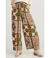 Talisman Freedom Paisley Gardens Crepe Elastic Tie Waist Wide Leg Coordinating Pants