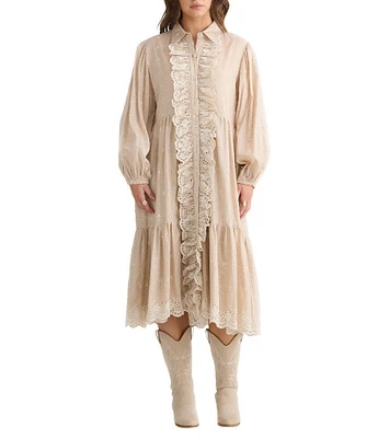 Talisman Garden Party Embroidered Eyelet Shirt Collar Long Sleeve Blouson Dress