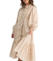 Talisman Garden Party Embroidered Eyelet Shirt Collar Long Sleeve Blouson Dress