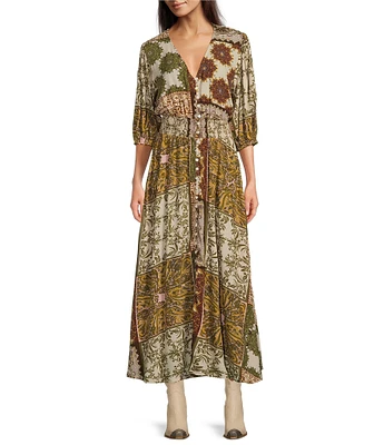 Talisman Halo Woven Paisley Gardens V-Neck Button Front Smock Waist 3/4 Puff Sleeve A-Line Maxi Dress