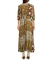 Talisman Halo Woven Paisley Gardens V-Neck Button Front Smock Waist 3/4 Puff Sleeve A-Line Maxi Dress