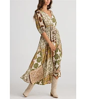 Talisman Halo Woven Paisley Gardens V-Neck Button Front Smock Waist 3/4 Puff Sleeve A-Line Maxi Dress