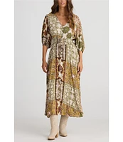 Talisman Halo Woven Paisley Gardens V-Neck Button Front Smock Waist 3/4 Puff Sleeve A-Line Maxi Dress