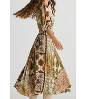 Talisman Halo Woven Paisley Gardens V-Neck Button Front Smock Waist 3/4 Puff Sleeve A-Line Maxi Dress