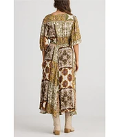 Talisman Halo Woven Paisley Gardens V-Neck Button Front Smock Waist 3/4 Puff Sleeve A-Line Maxi Dress