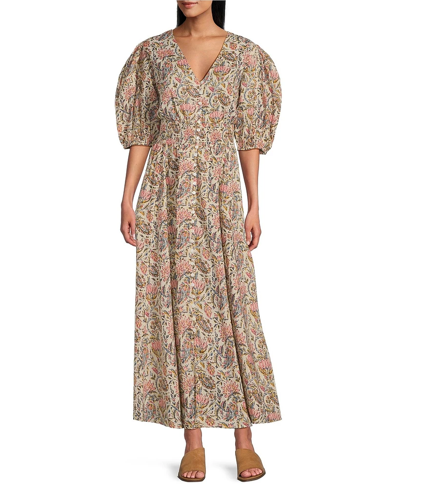 Talisman Halo Woven Printed V-Neck Button Front Smock Waist 3/4 Puff Sleeve A-Line Maxi Dress