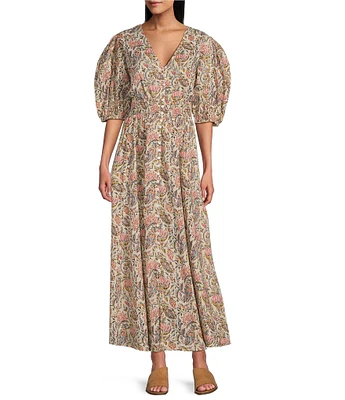 Talisman Halo Woven Printed V-Neck Button Front Smock Waist 3/4 Puff Sleeve A-Line Maxi Dress