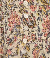 Talisman Halo Woven Printed V-Neck Button Front Smock Waist 3/4 Puff Sleeve A-Line Maxi Dress