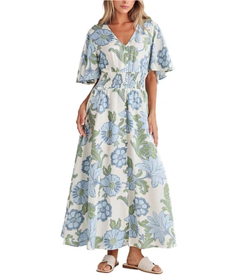 Talisman Ibiza Floral Print Linen Blend V-Neck Short Sleeve Maxi Dress