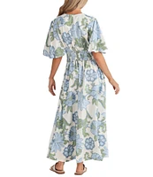Talisman Ibiza Floral Print Linen Blend V-Neck Short Sleeve Maxi Dress