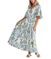 Talisman Ibiza Floral Print Linen Blend V-Neck Short Sleeve Maxi Dress