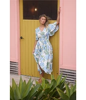 Talisman Ibiza Floral Print Linen Blend V-Neck Short Sleeve Maxi Dress