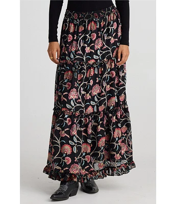 Talisman Mantra Floral Velvet High Rise Tiered A-Line Maxi Skirt