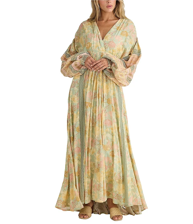 Talisman Pharoah Woven V-Neck Long Sleeve Floral Lace Insert Maxi Dress |  Brazos Mall