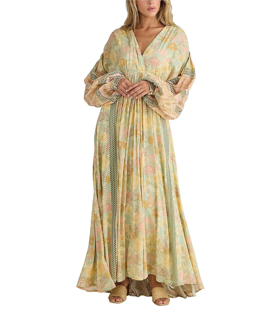 Talisman Pharoah Woven V-Neck Long Sleeve Floral Lace Insert Maxi Dress