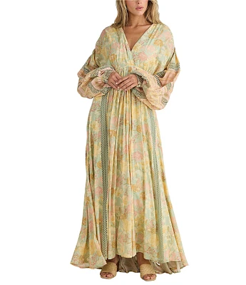 Talisman Pharoah Woven V-Neck Long Sleeve Floral Lace Insert Maxi Dress