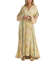 Talisman Pharoah Woven V-Neck Long Sleeve Floral Lace Insert Maxi Dress