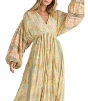 Talisman Pharoah Woven V-Neck Long Sleeve Floral Lace Insert Maxi Dress