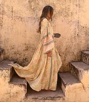 Talisman Pharoah Woven V-Neck Long Sleeve Floral Lace Insert Maxi Dress