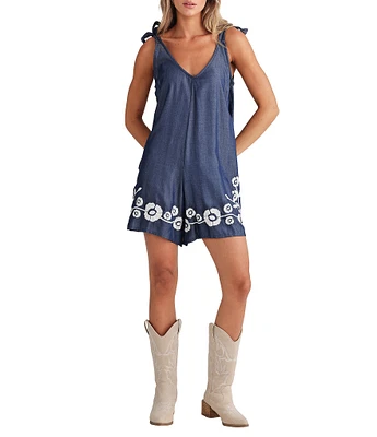 Talisman Temple V-Neck Sleeveless Floral Embroidered Mini Romper