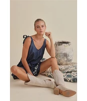 Talisman Temple V-Neck Sleeveless Floral Embroidered Mini Romper