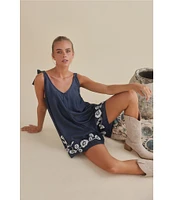 Talisman Temple V-Neck Sleeveless Floral Embroidered Mini Romper